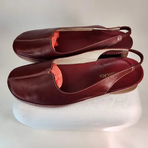 Clarks, sling-back, Sz 7 burgundy leather slip-ons, Pre-owned - Picture 1 of 7